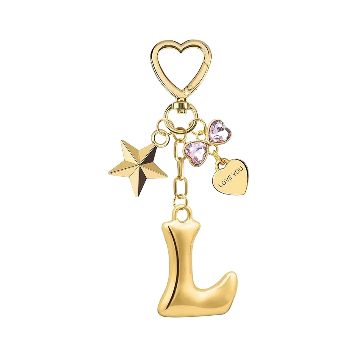 Gold letter L bag charm with heart clasp, star and crystal hearts