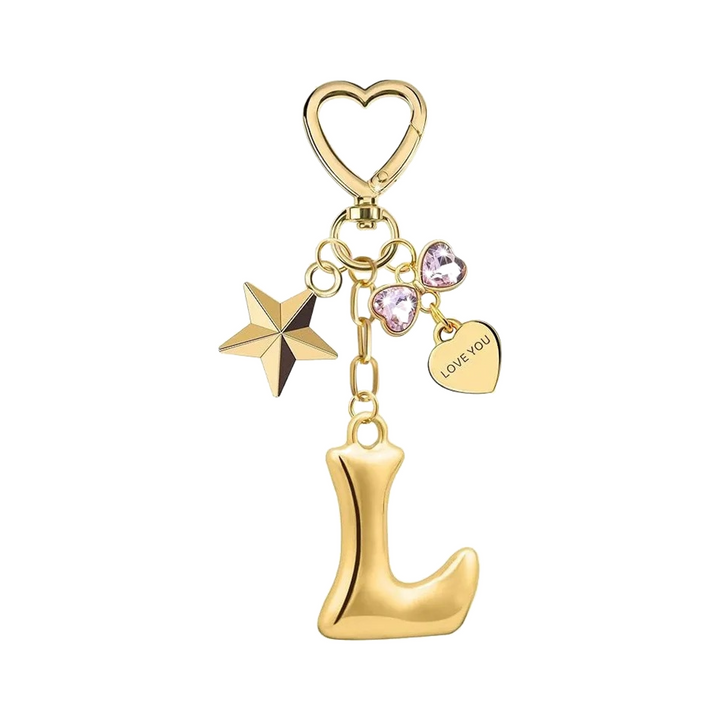 Gold letter L bag charm with heart clasp, star and crystal hearts
