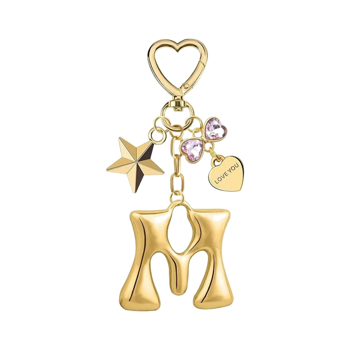 Gold letter M bag charm with heart clasp, star and crystal hearts