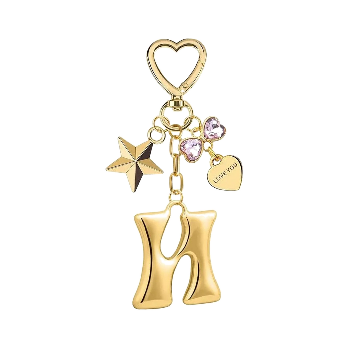 Gold letter N bag charm with heart clasp, star and crystal hearts
