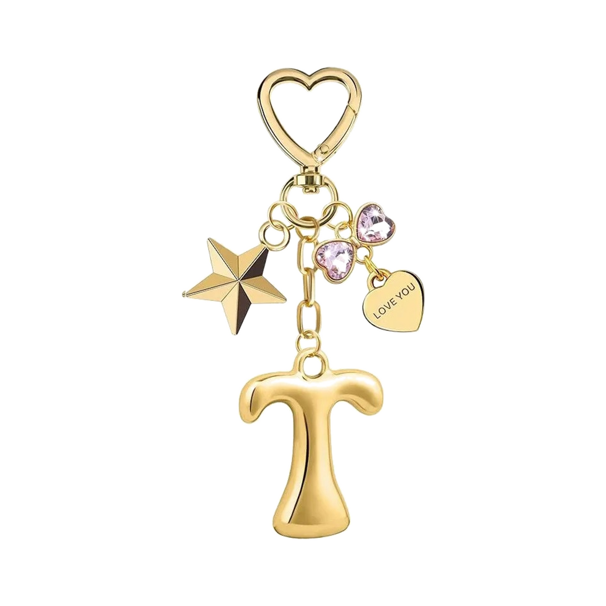 Gold letter T bag charm with heart clasp, star and crystal hearts