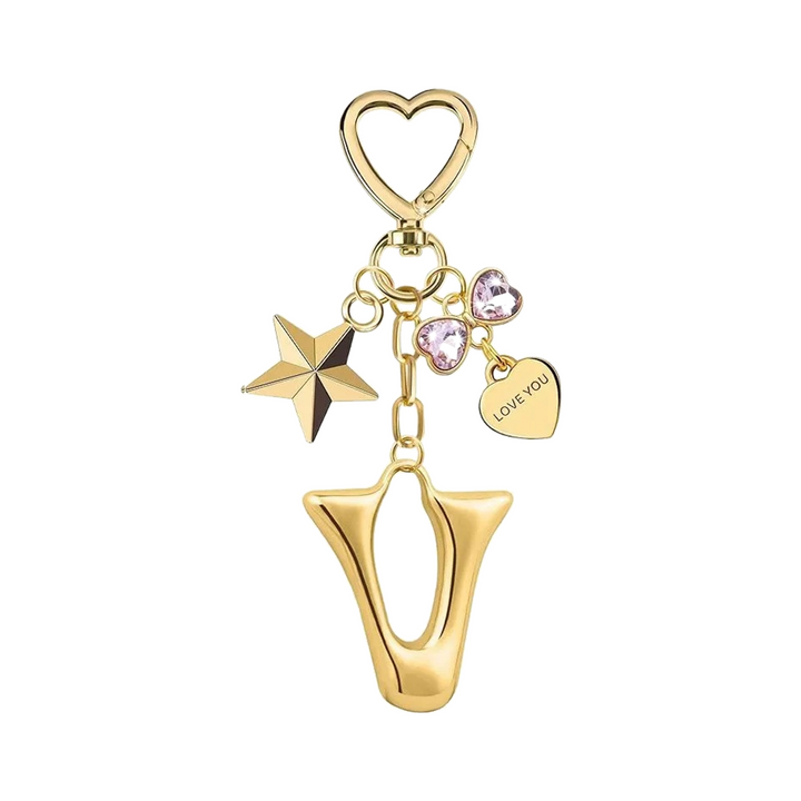 Gold letter V bag charm with heart clasp, star and crystal hearts