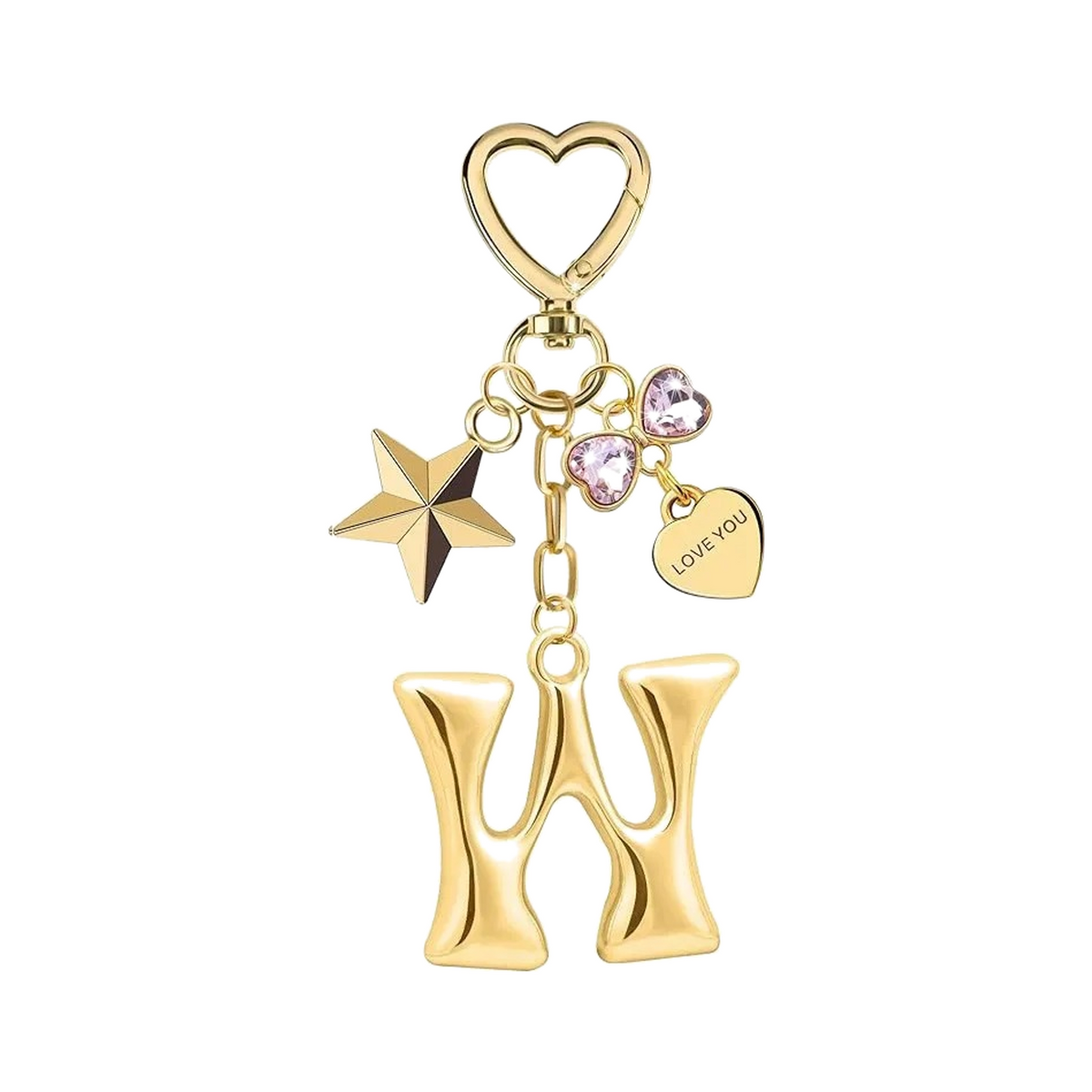 Gold letter W bag charm with heart clasp, star and crystal hearts