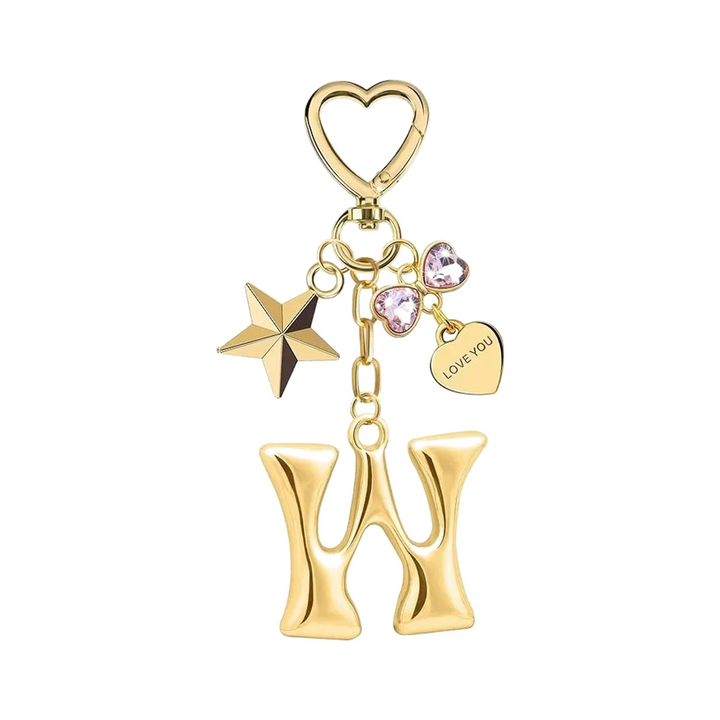 Gold letter W bag charm with heart clasp, star and crystal hearts