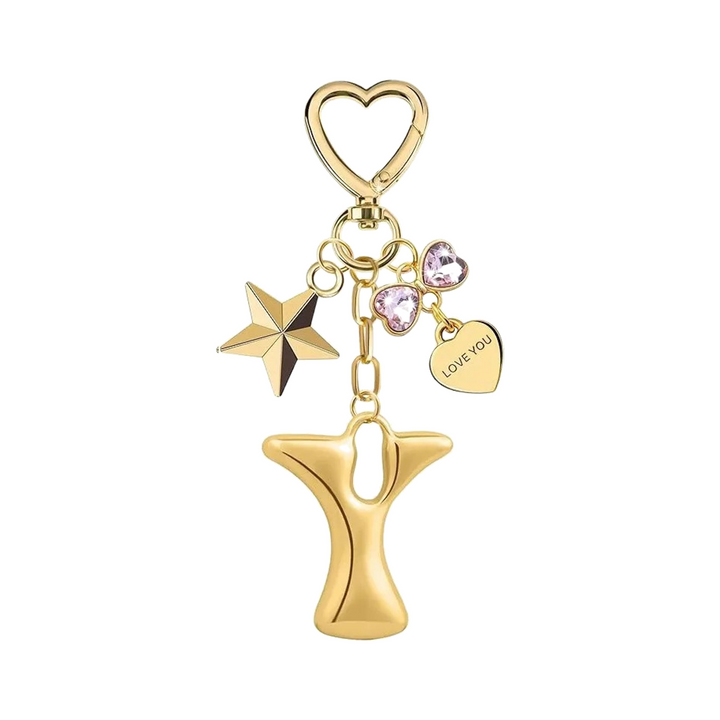 Gold letter Y bag charm with heart clasp, star and crystal hearts