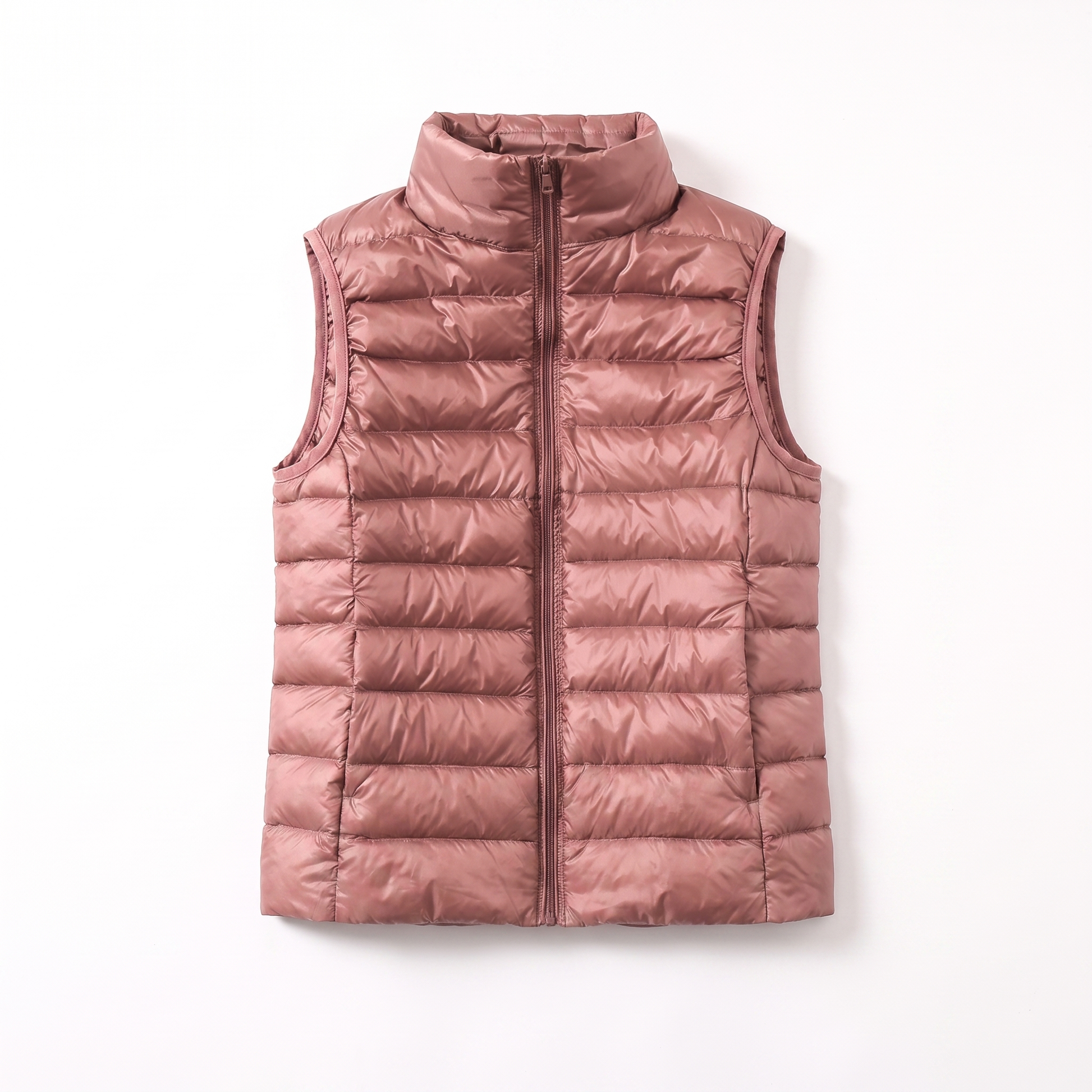 Sunoire lightweight padded gilet with stand collar and zip front garment flatlay 01