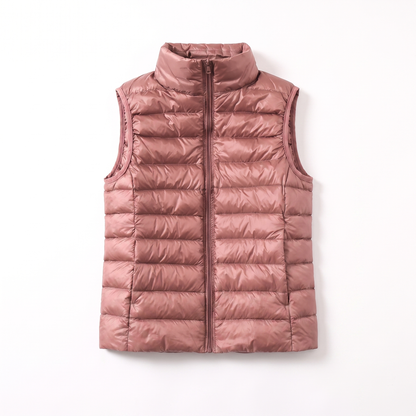Sunoire lightweight padded gilet with stand collar and zip front garment flatlay 01