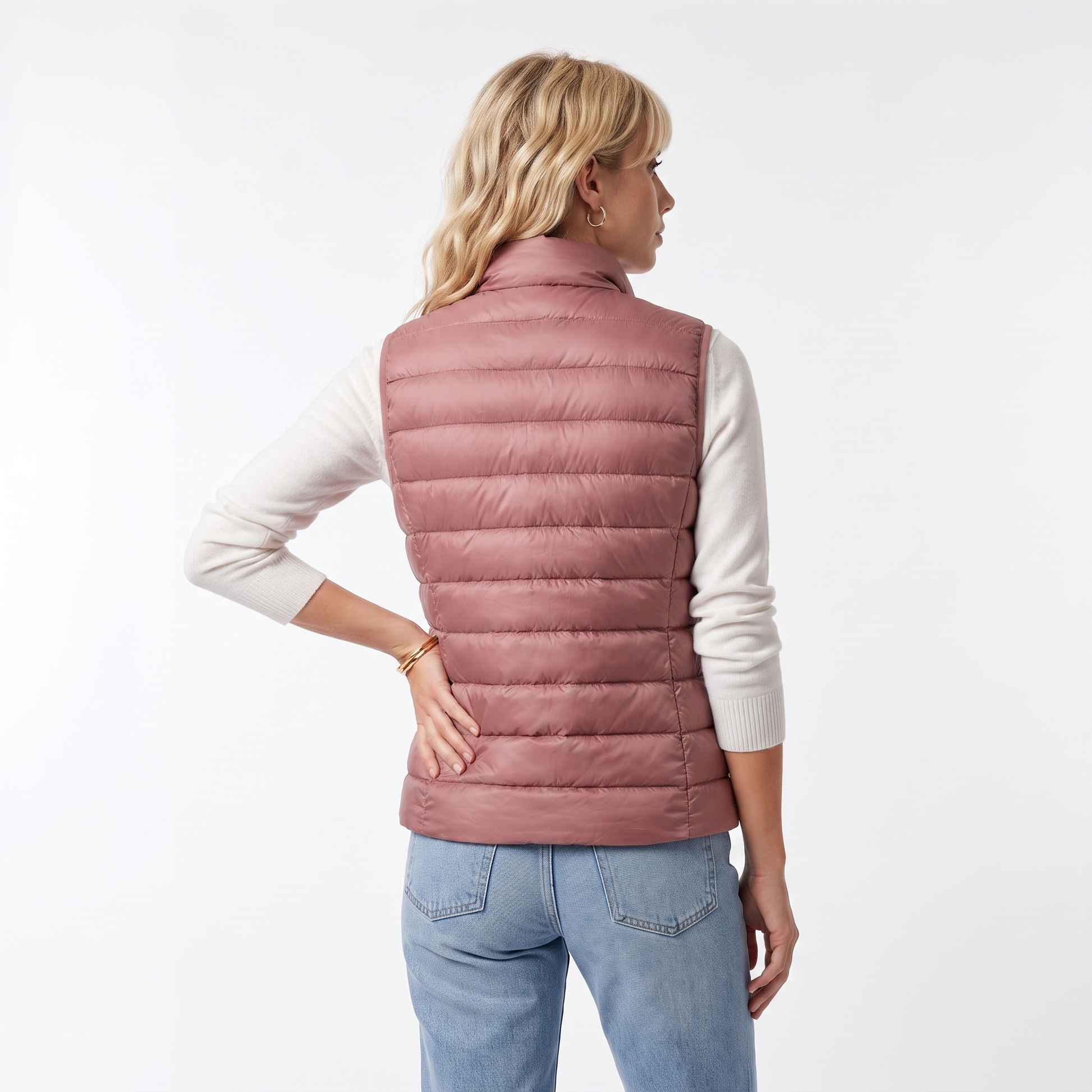 Sunoire lightweight padded gilet with stand collar and zip front top back crop 01