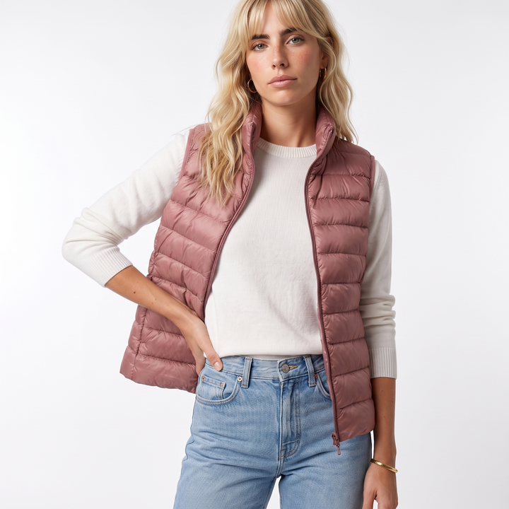 Sunoire lightweight padded gilet with stand collar and zip front top front crop 01
