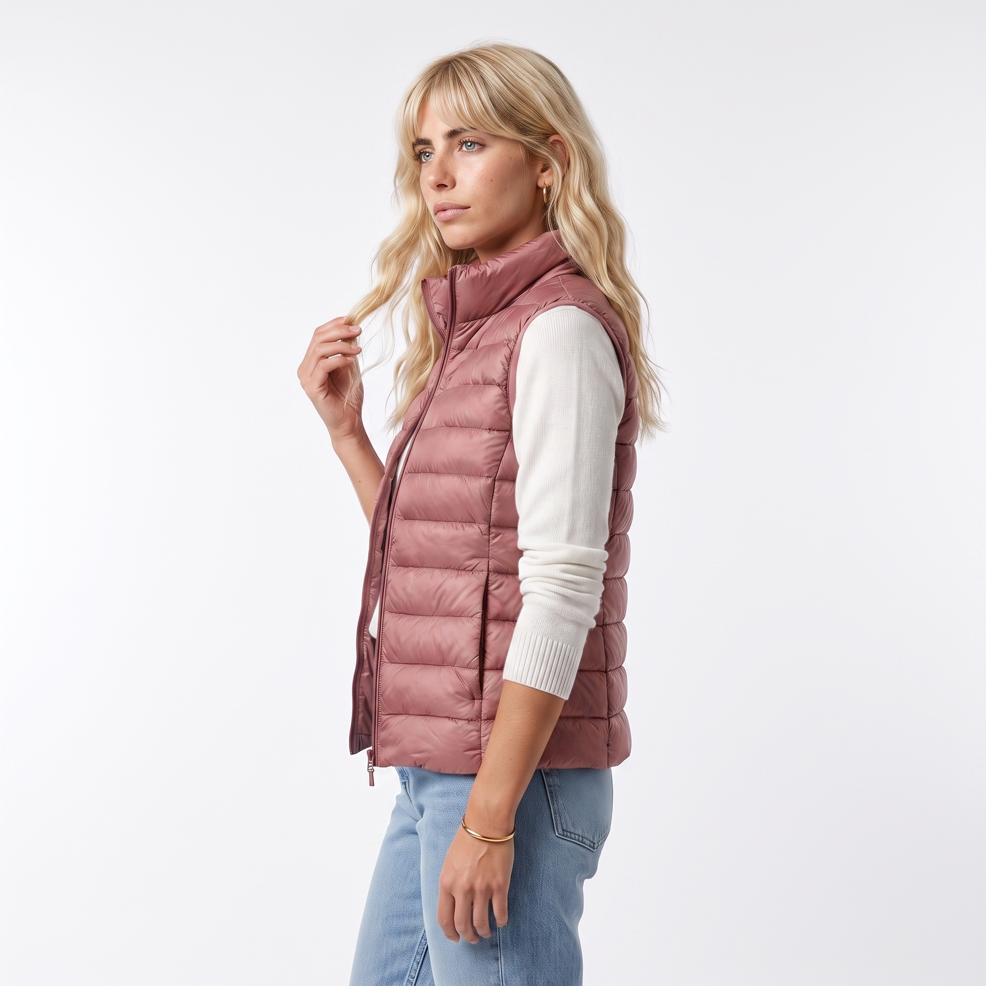 Sunoire lightweight padded gilet with stand collar and zip front top side crop 01