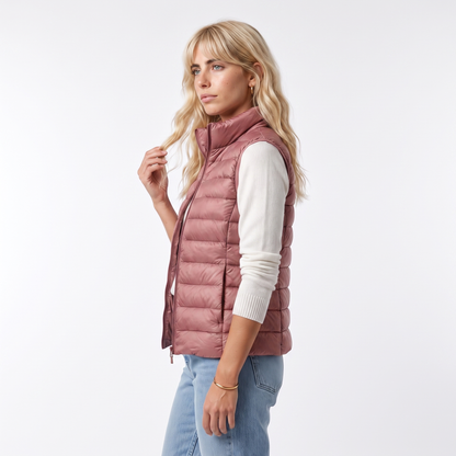 Sunoire lightweight padded gilet with stand collar and zip front top side crop 01