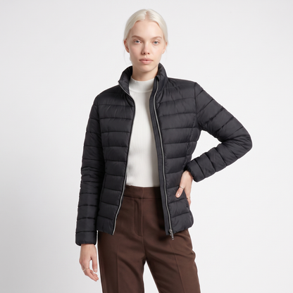 Sunoire lightweight puffer jacket with stand collar and zip closure colorway black front crop 01