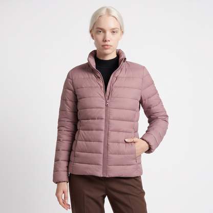 Sunoire lightweight puffer jacket with stand collar and zip closure colorway pink front crop 01