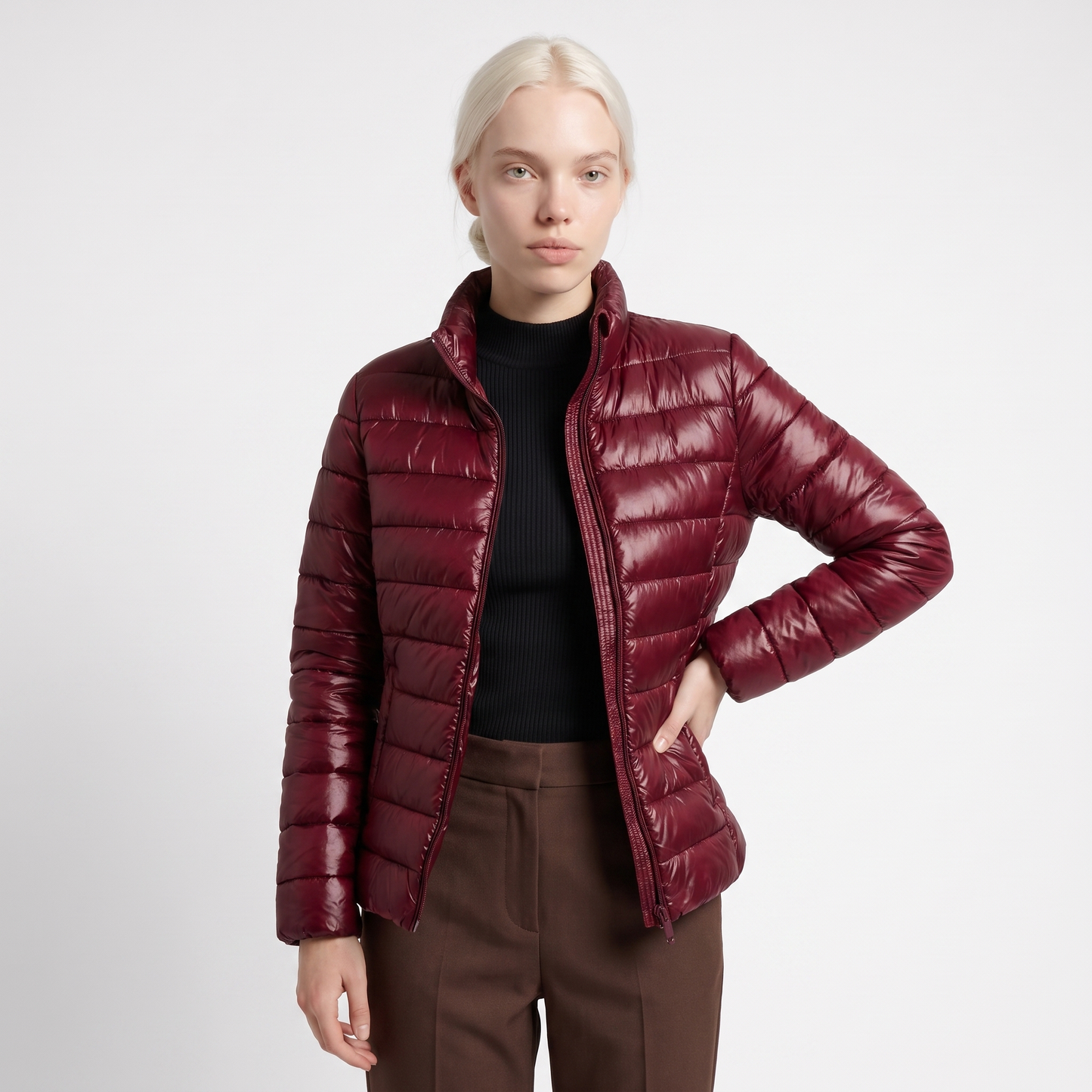 Sunoire lightweight puffer jacket with stand collar and zip closure colorway red front crop 01