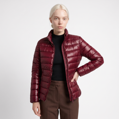 Sunoire lightweight puffer jacket with stand collar and zip closure colorway red front crop 01