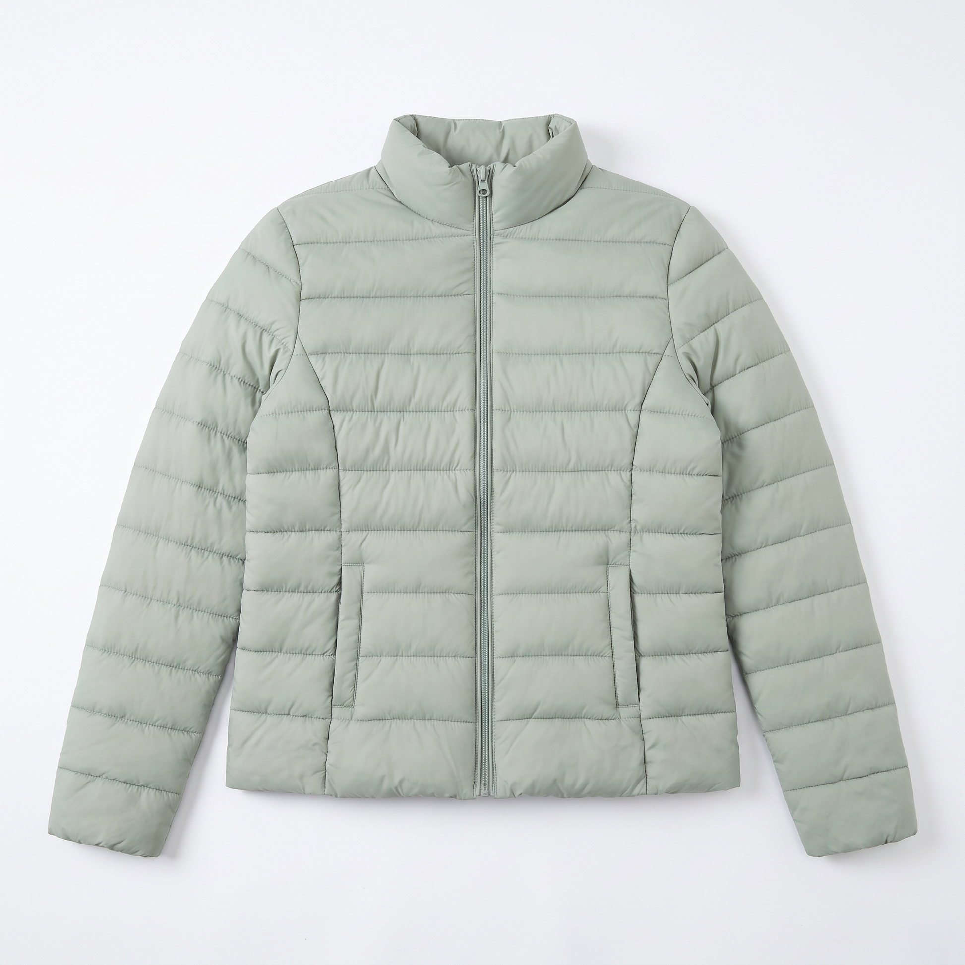Sunoire lightweight puffer jacket with stand collar and zip closure garment flatlay 01