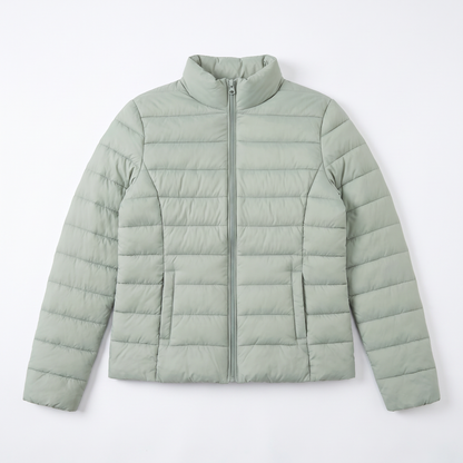 Sunoire lightweight puffer jacket with stand collar and zip closure garment flatlay 01