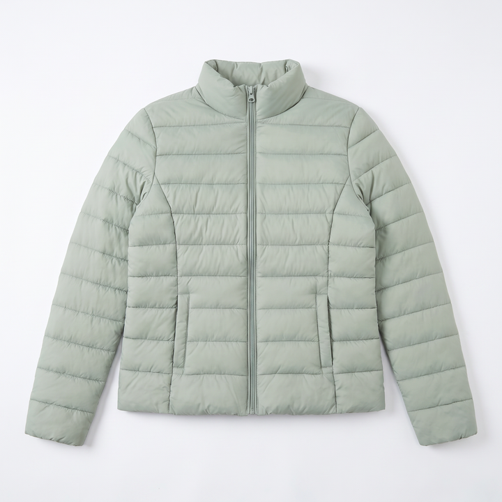 Sunoire lightweight puffer jacket with stand collar and zip closure garment flatlay 01