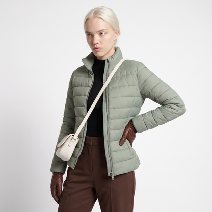 Sunoire lightweight puffer jacket with stand collar and zip closure top crop 3q 01