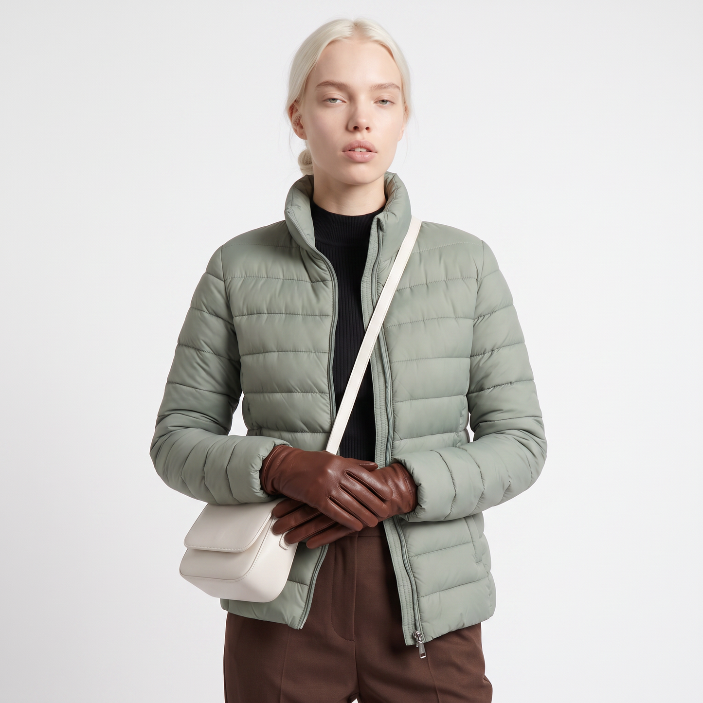 Sunoire lightweight puffer jacket with stand collar and zip closure top front crop 01