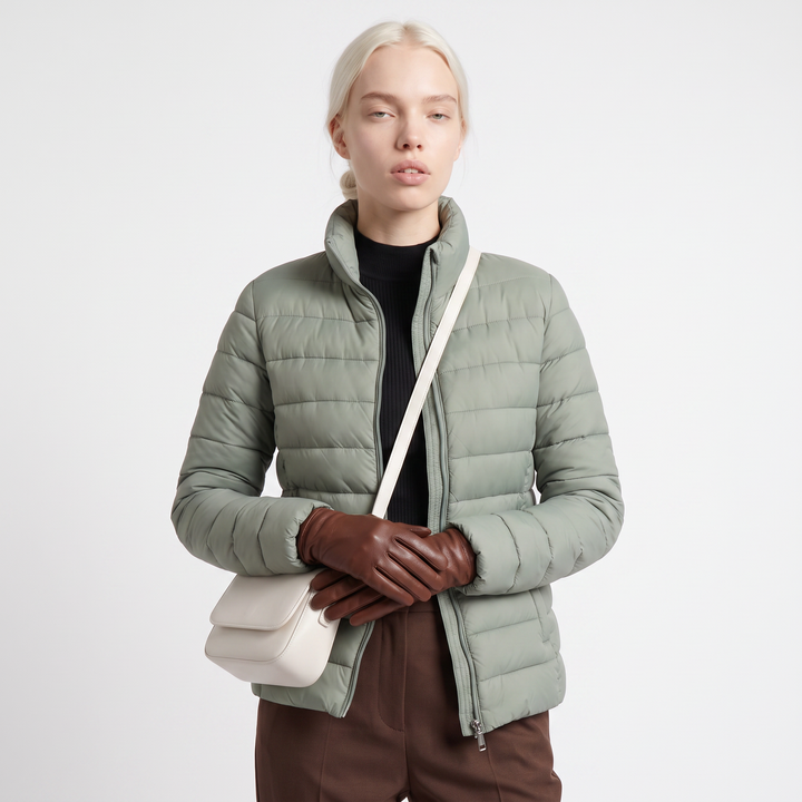 Sunoire lightweight puffer jacket with stand collar and zip closure top front crop 01