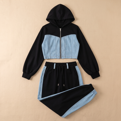 Sunoire lila black denim set garment flatlay 01