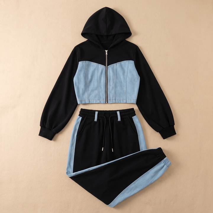 Sunoire lila black denim set garment flatlay 01