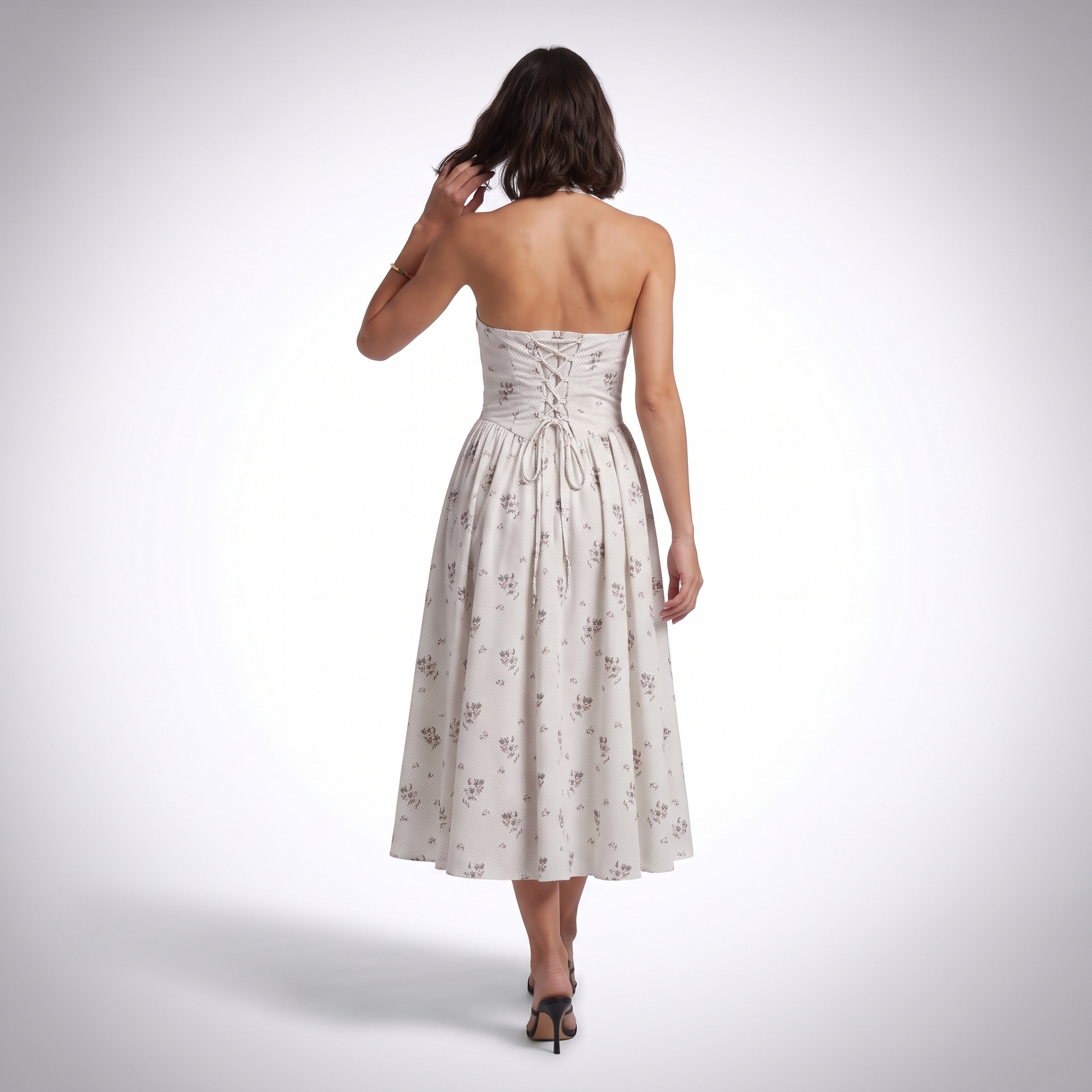 Sunoire lila floral halter lace up midi dress back view 01