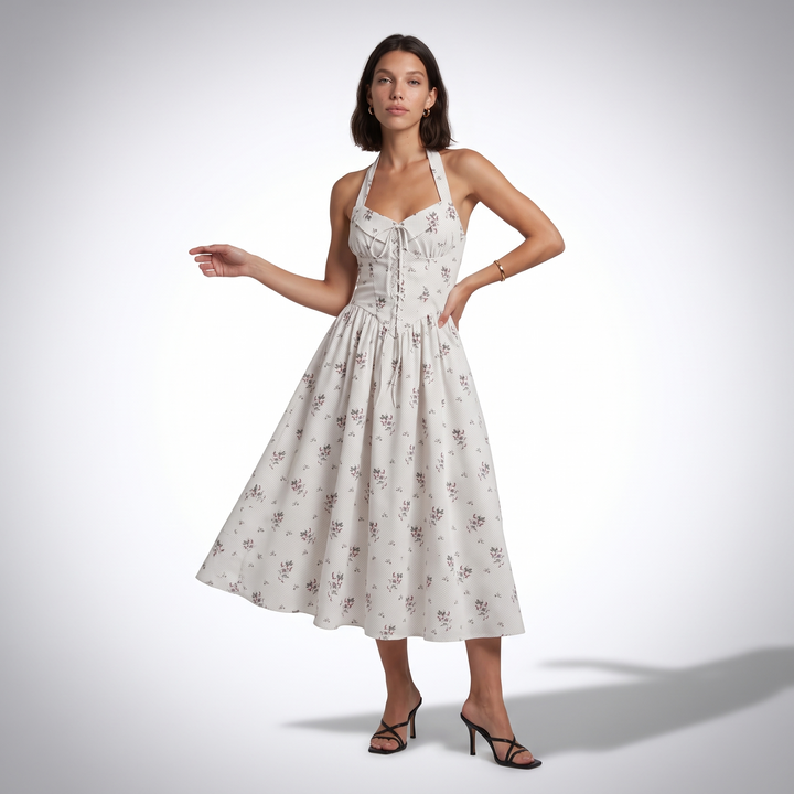 Sunoire lila floral halter lace up midi dress front hero 01