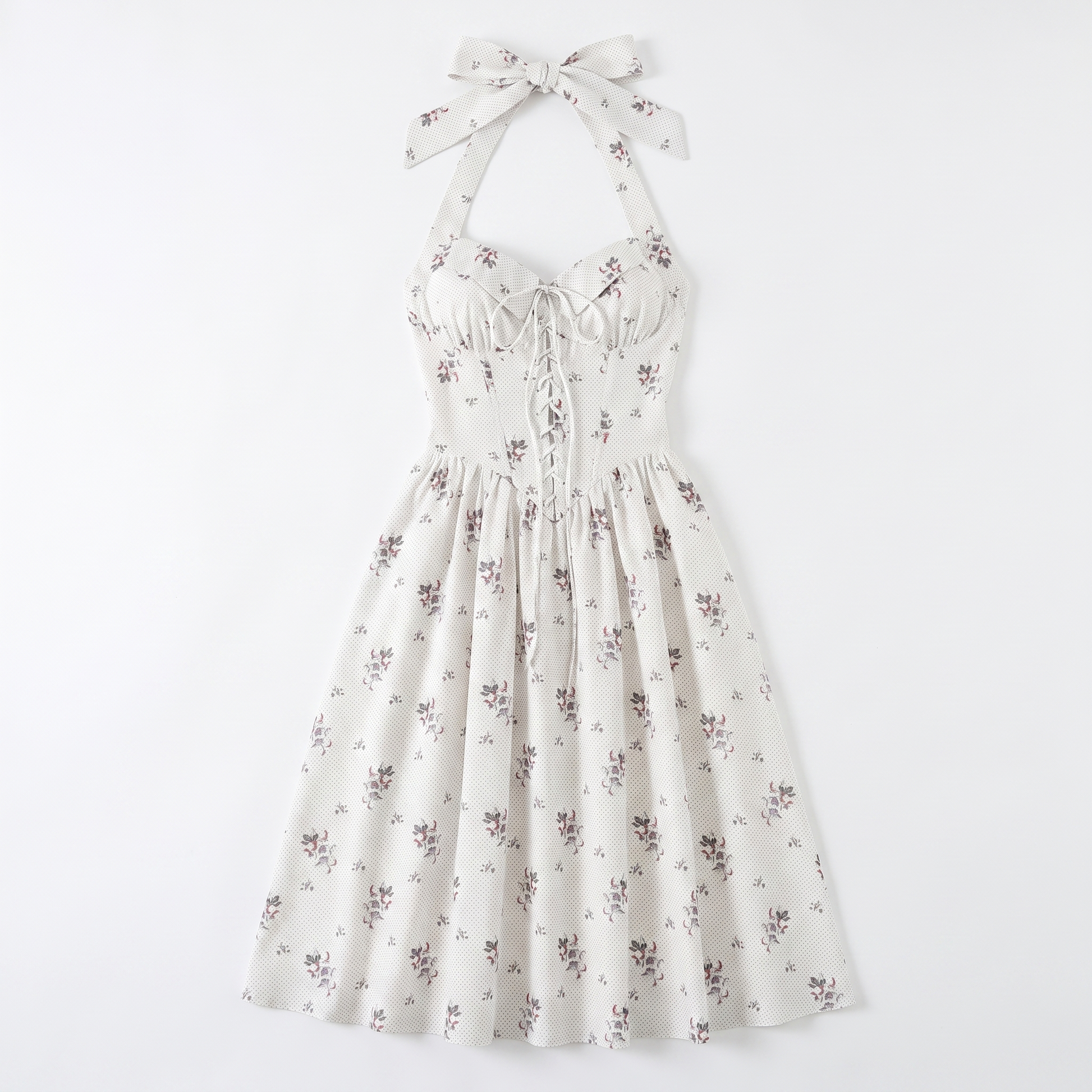 Sunoire lila floral halter lace up midi dress garment flatlay 01
