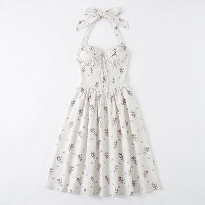 Sunoire lila floral halter lace up midi dress garment flatlay 01