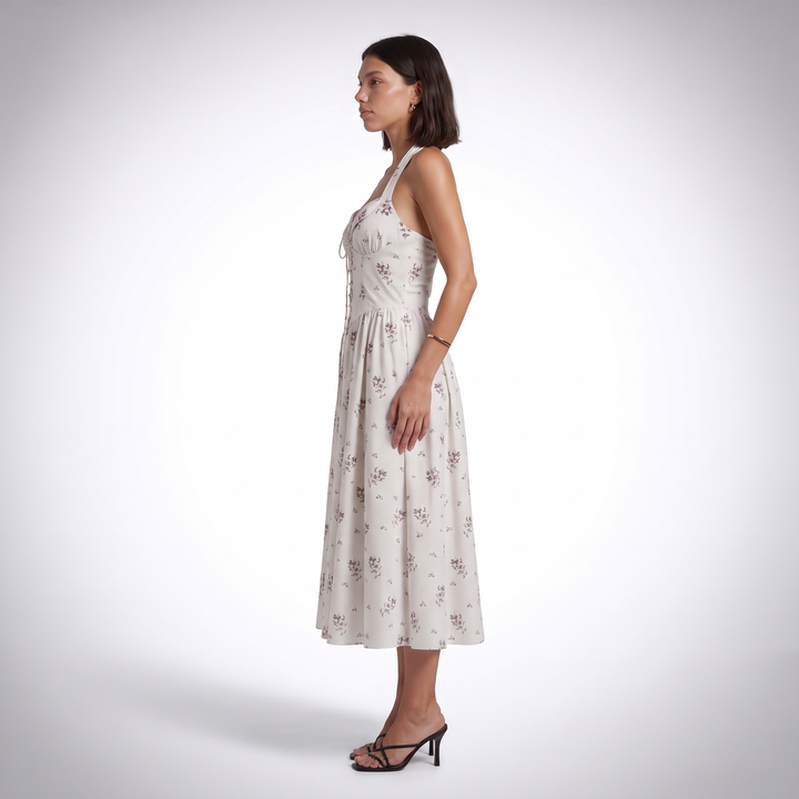 Sunoire lila floral halter lace up midi dress side view 01