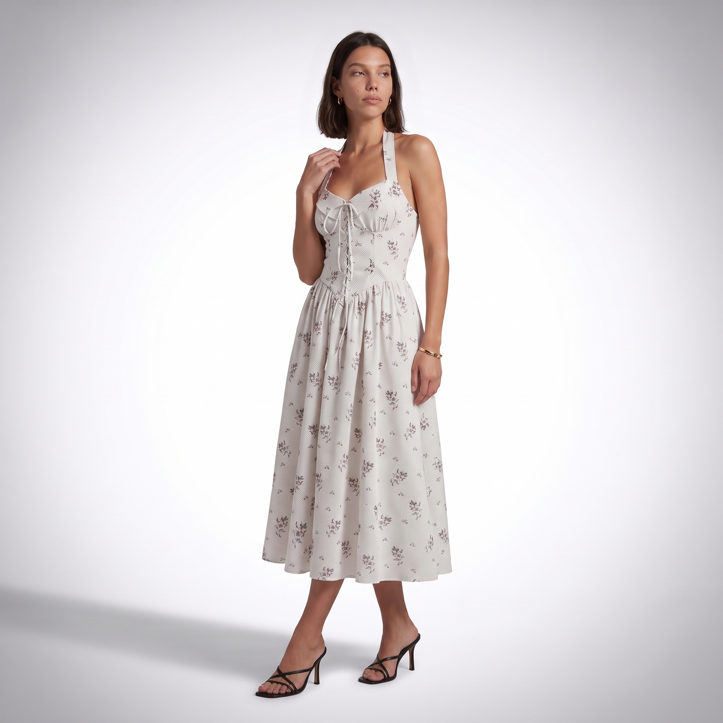 Sunoire lila floral halter lace up midi dress three quarter 01