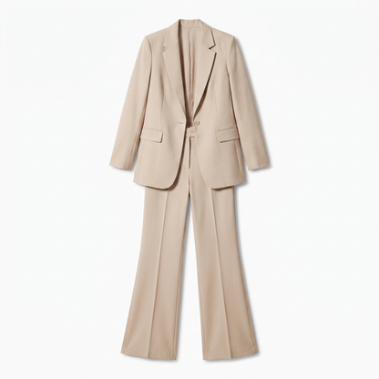 Sunoire lily womens wide leg flared tailored two piece trouser suit garment flatlay 01
