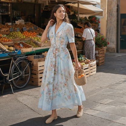 Floral Print Collared Midi Dress – Blue Belted Wedding Guest Dress — lifestyle photo