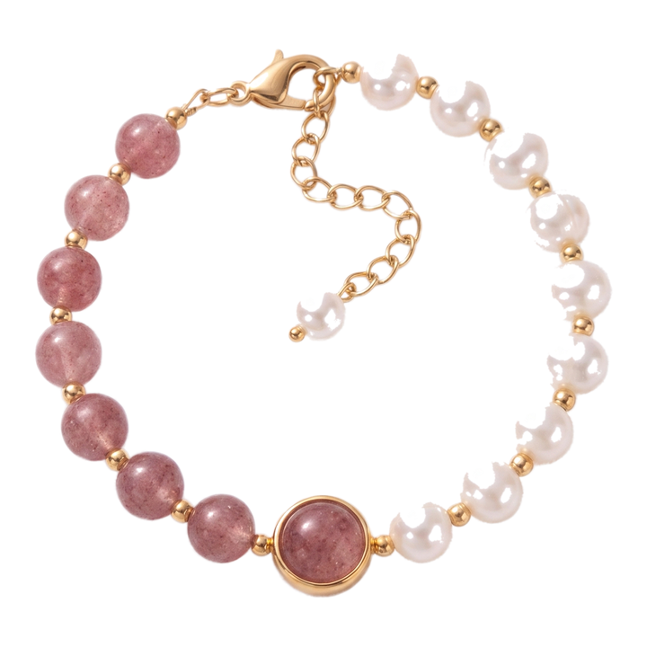 Sunoire girl friend gift good luck charm baroque pearl bracelets strawberry quartz crystal bracelet women 01 flatlay pink pearl