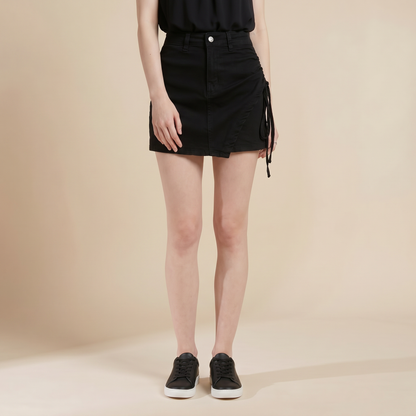 Sunoire lola black denim drawstring skirt bottom front crop 01