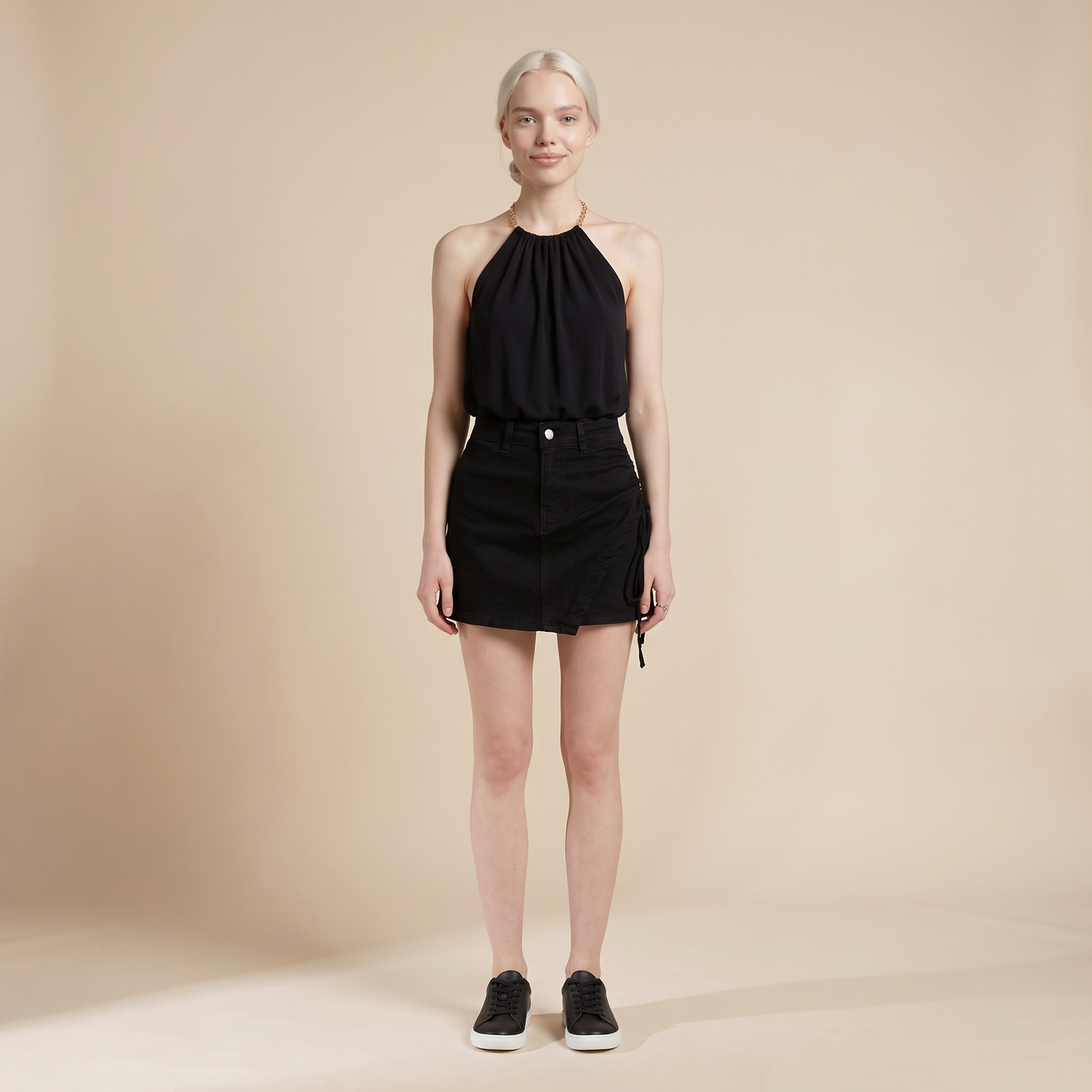 Sunoire lola black denim drawstring skirt front hero 01
