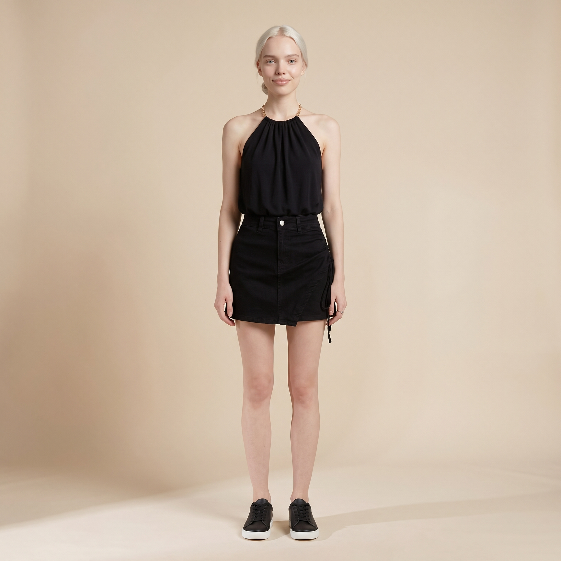Sunoire lola black denim drawstring skirt front hero 01