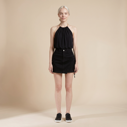 Sunoire lola black denim drawstring skirt front hero 01