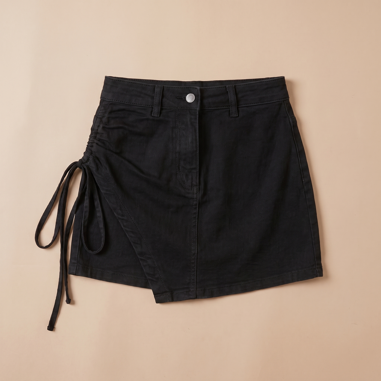 Sunoire lola black denim drawstring skirt garment flatlay 01