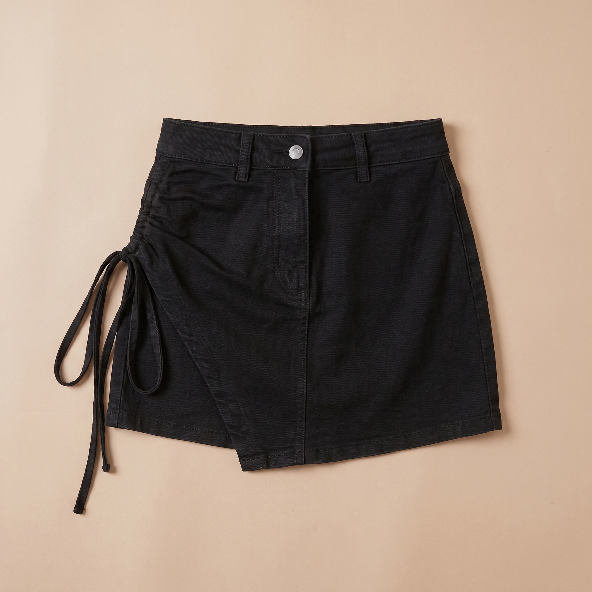 Sunoire lola black denim drawstring skirt garment flatlay 01