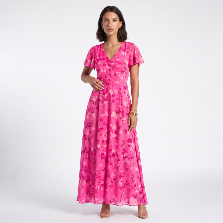Women's Floral V-Neck Dress – Orange Wedding Guest Dress — Hot Pink
