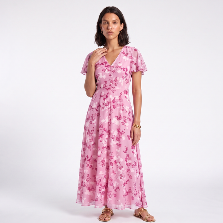 Women's Floral V-Neck Dress – Orange Wedding Guest Dress — Light Pink