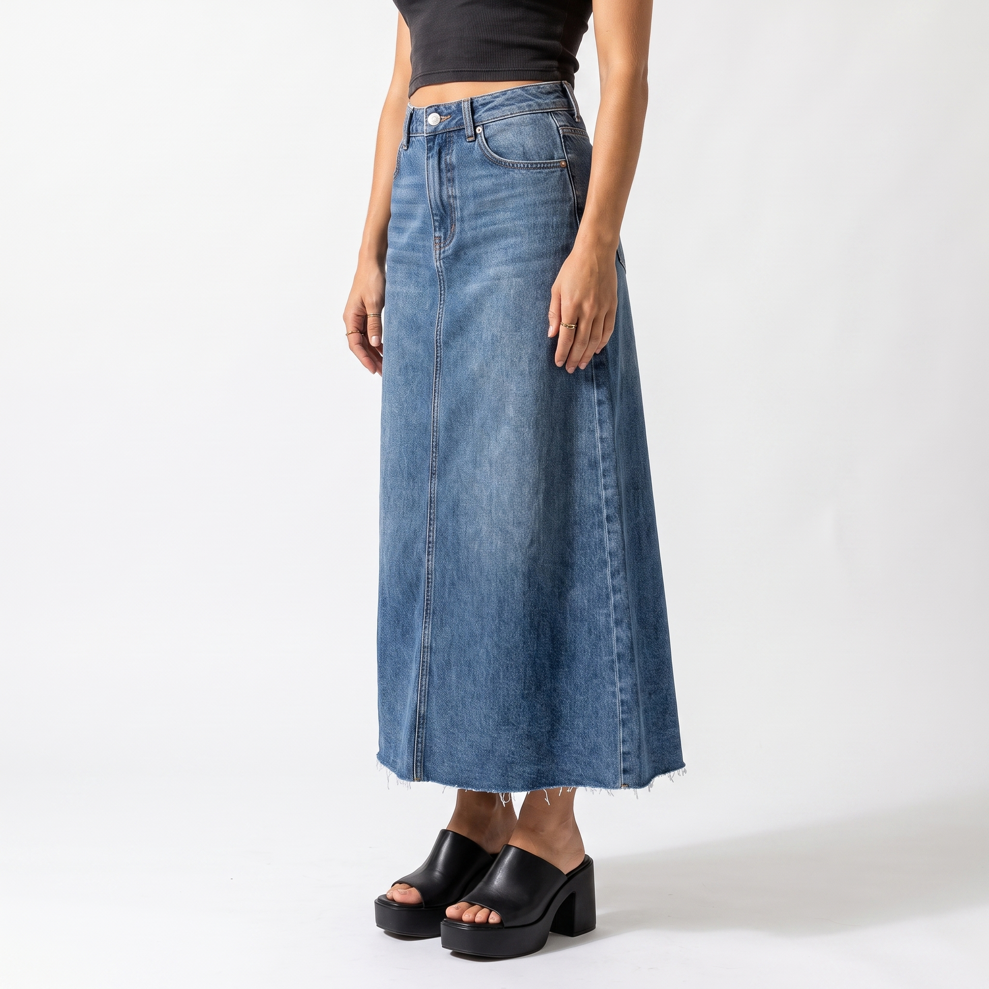 Sunoire long denim rock pockets high waisted womens fashion blue bottom crop 3q 01
