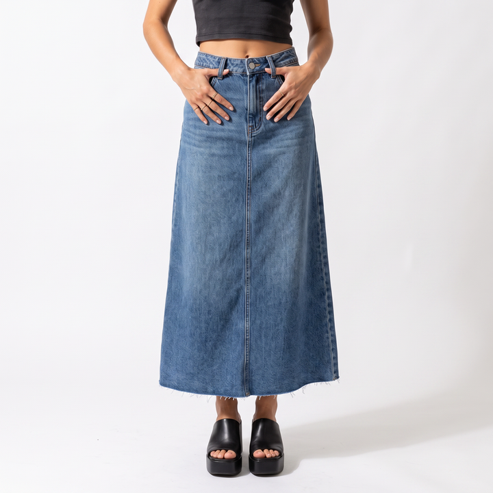Sunoire long denim rock pockets high waisted womens fashion blue bottom front crop 01