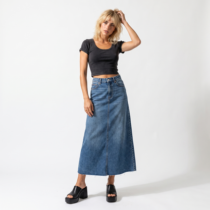 Sunoire long denim rock pockets high waisted womens fashion blue front hero 01