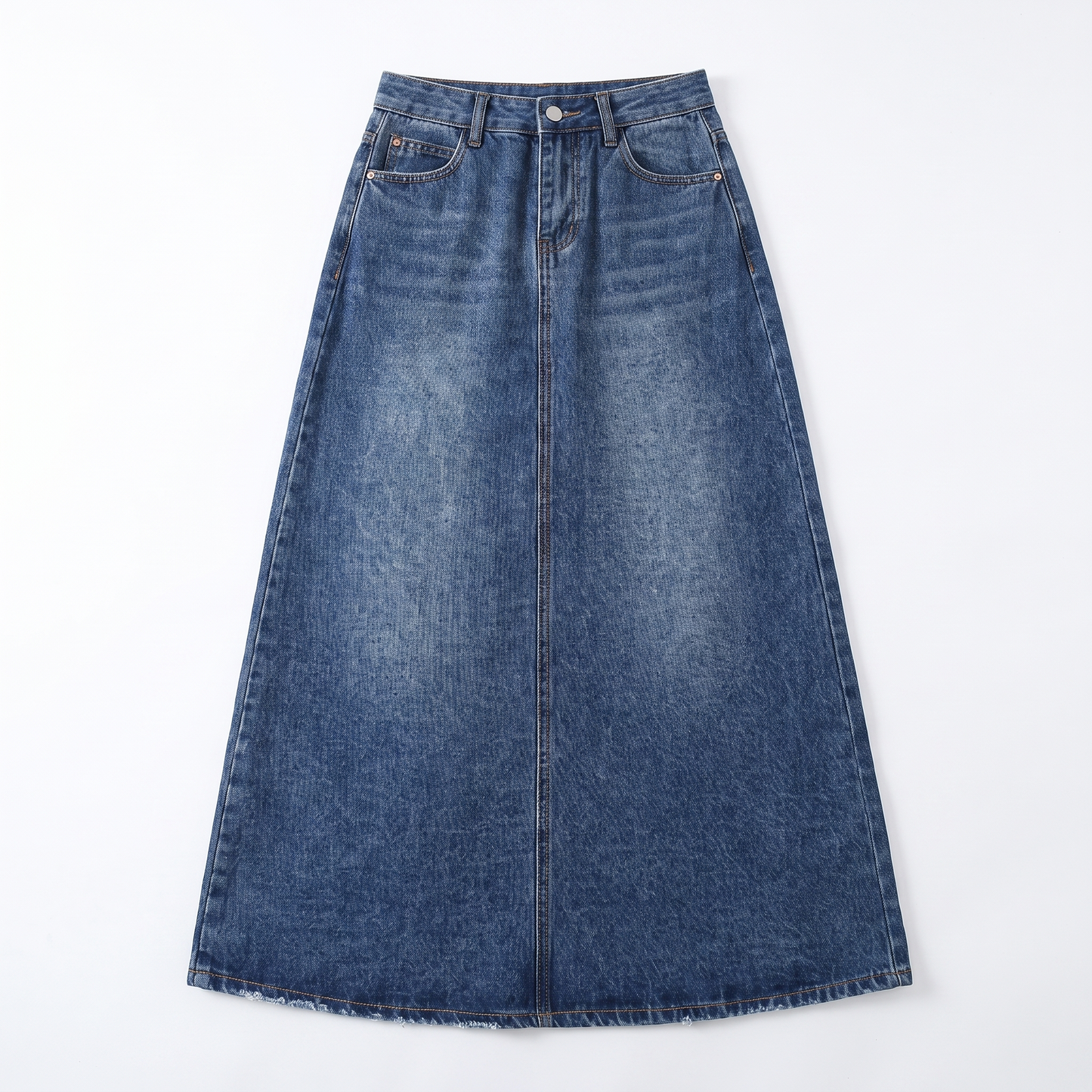 Sunoire long denim rock pockets high waisted womens fashion blue garment flatlay 01