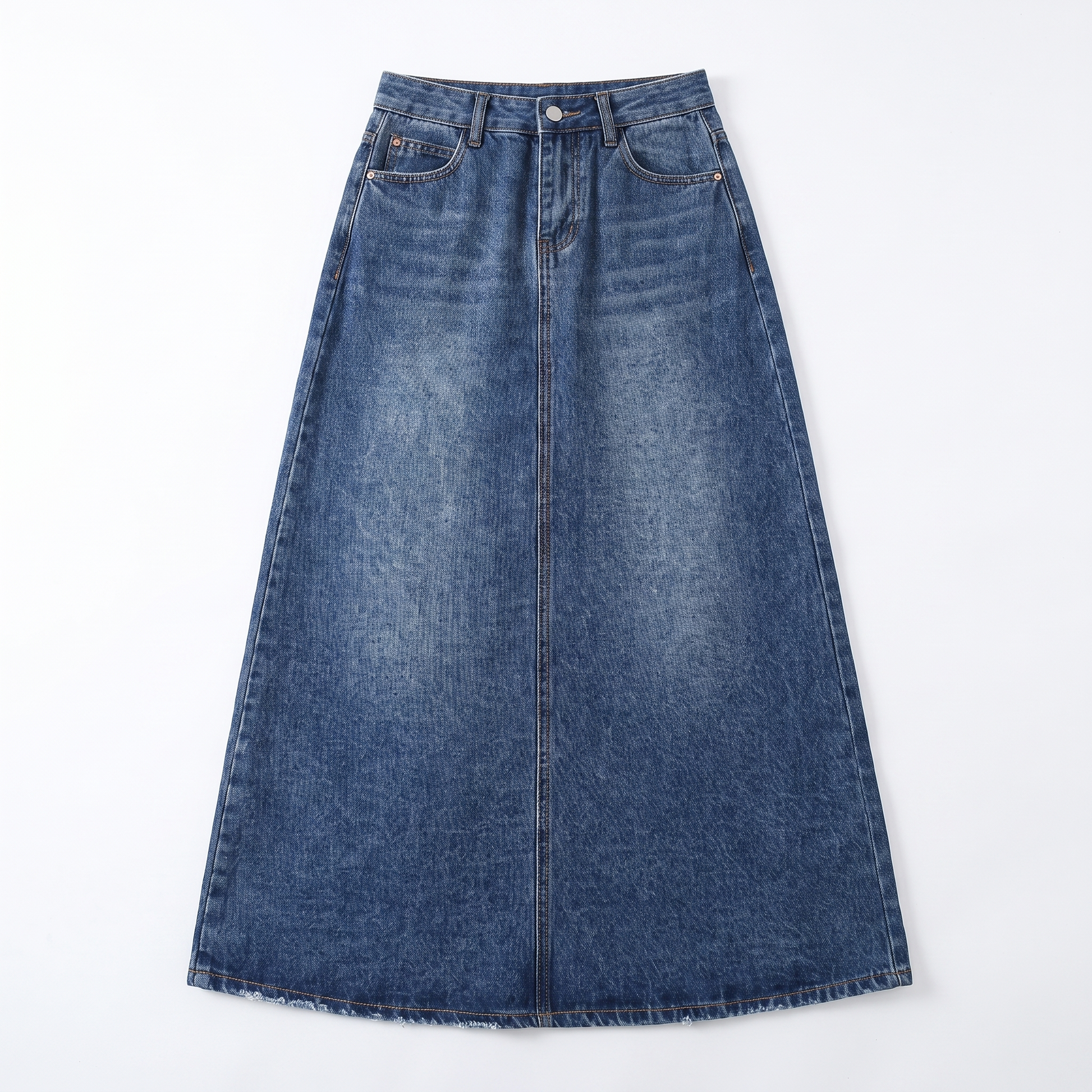 Sunoire long denim rock pockets high waisted womens fashion blue garment flatlay 01