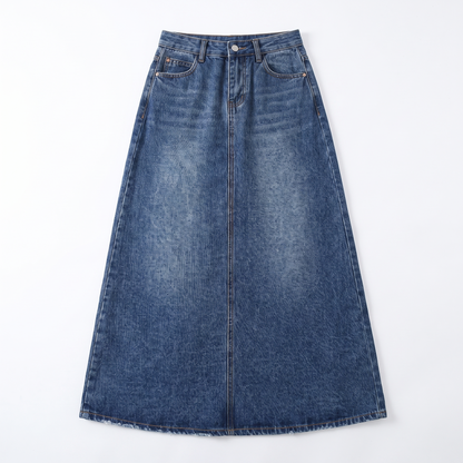 Sunoire long denim rock pockets high waisted womens fashion blue garment flatlay 01